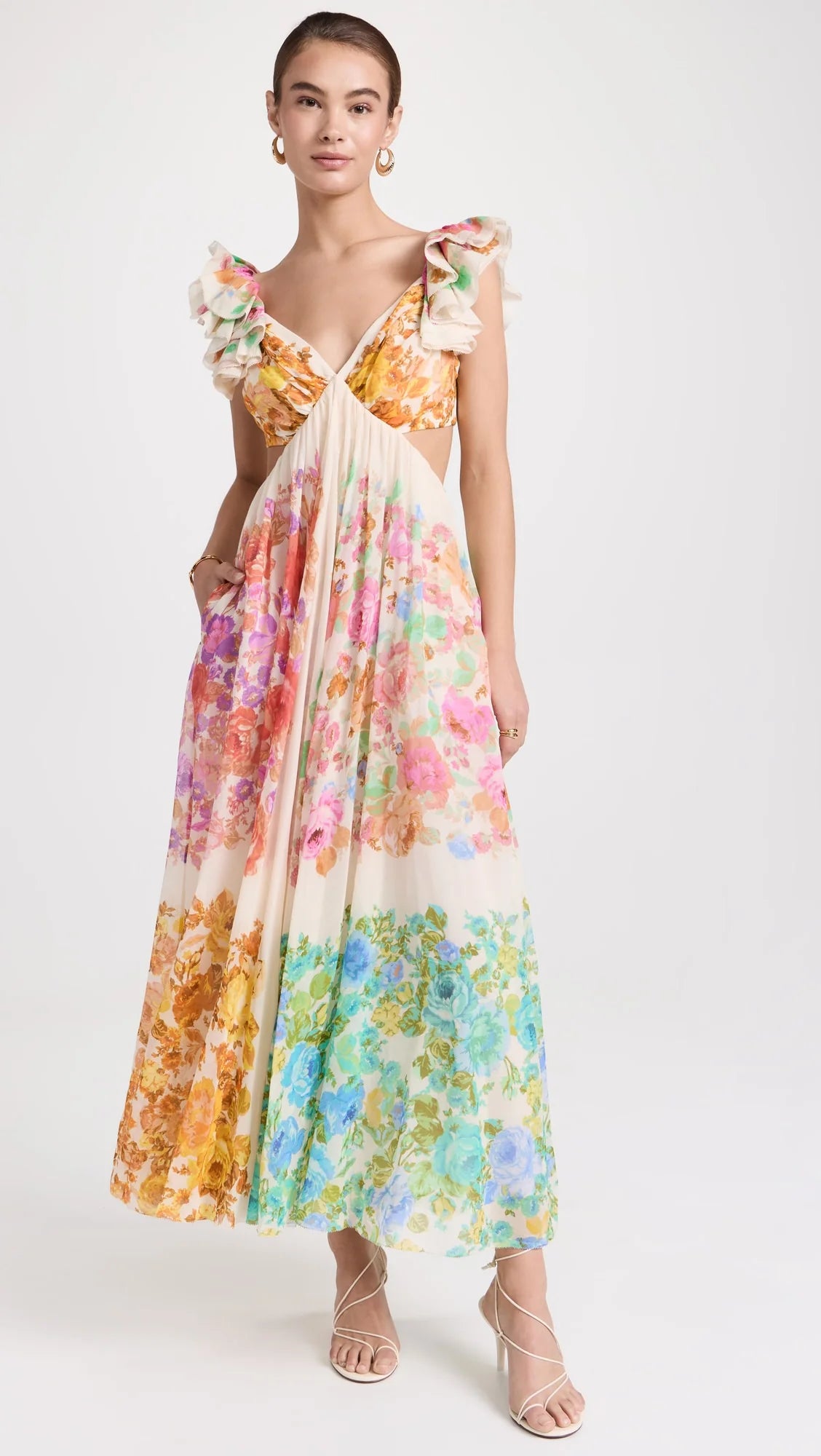 Multicolor Frill Shoulder Midi Dress