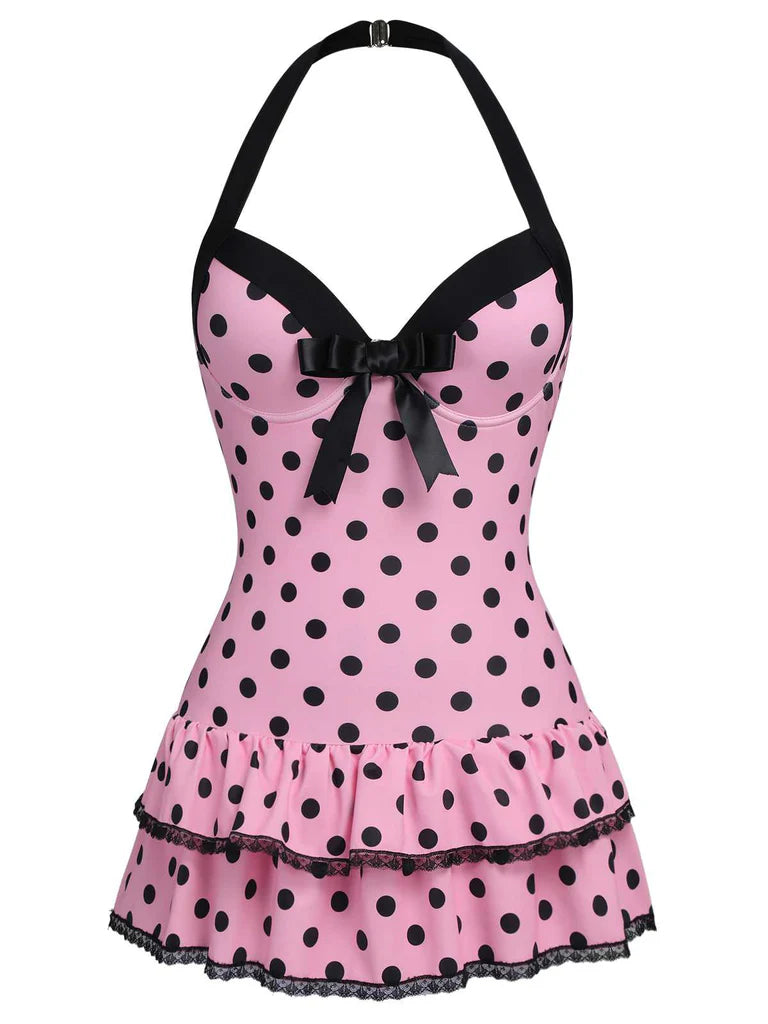 Retro Tummy Control Halter Polka Dot Swimsuit