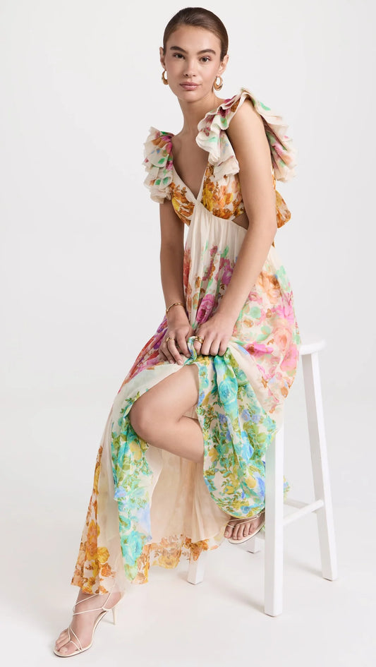 Multicolor Frill Shoulder Midi Dress